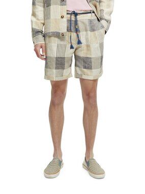 Men's 34 Scotch & Soda Linen-Cotton Plaid Patchwork Bermuda Shorts